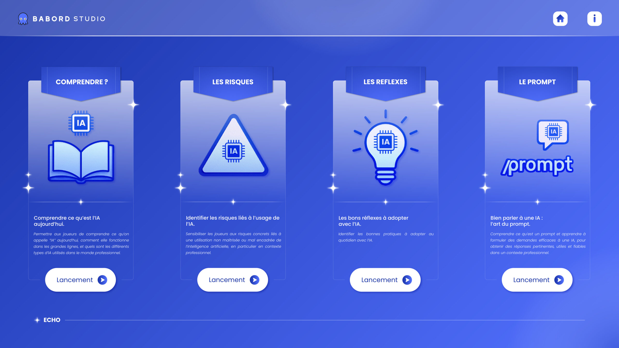 Aperçu des différentes thématiques abordées dans le Serious Game sur l’intelligence artificielle