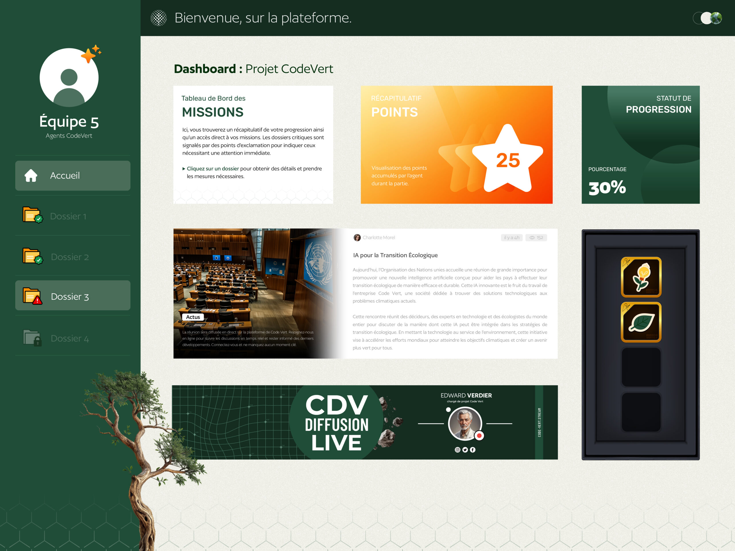 Vue de la carte interactive et de l’interface du jeu Code Vert dédié à l’écologie
