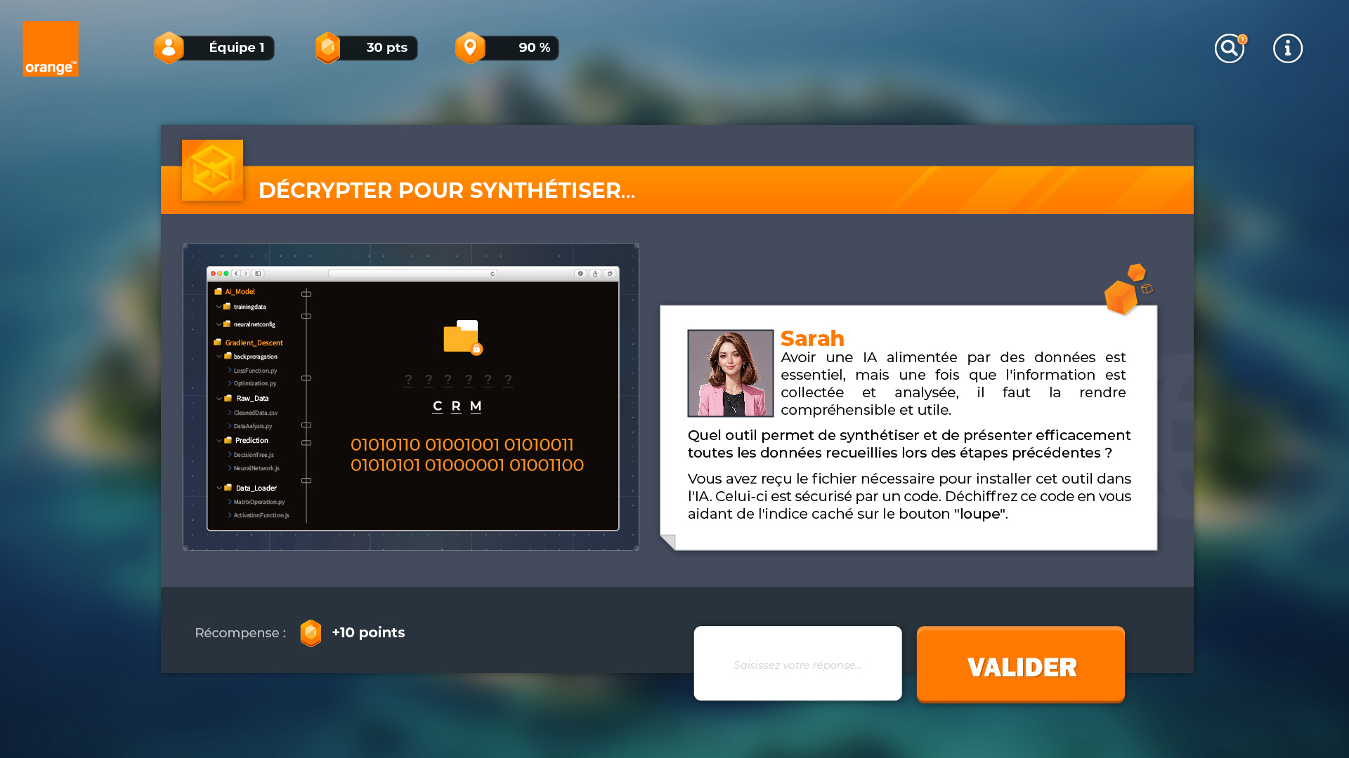 Exemple de mise en situation où le joueur doit décrypter un mot marketing dans le jeu MKT Game