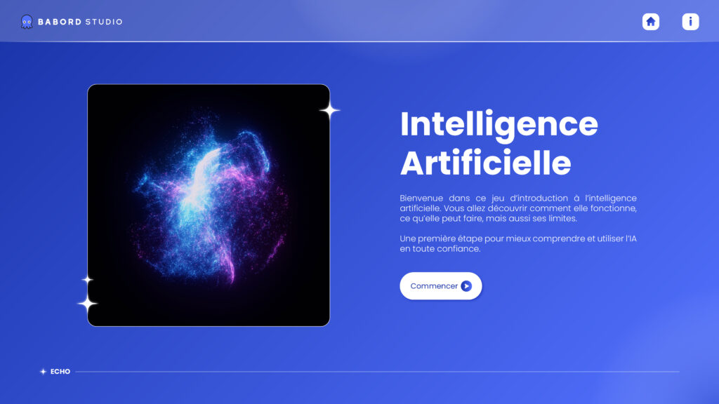 Interface d’accueil du jeu interactif sur l’intelligence artificielle, avec un bouton “Commencer”